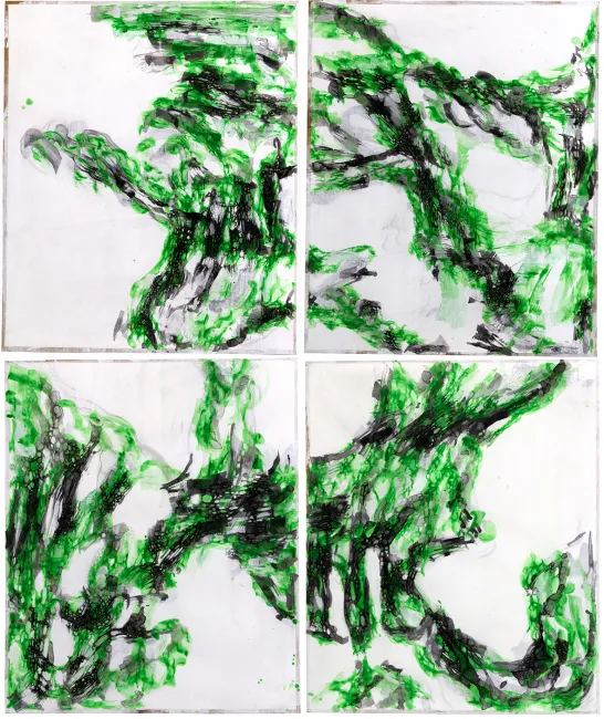 APPEARANCES, 2025, sumi, pigment, animal glue on washi, 4 paintings each 60x50cm